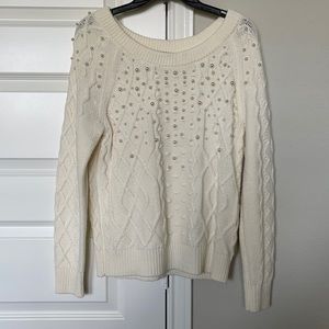 White sweater with pearl embellishments from WHBM